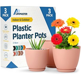 Plant Pots with Drainage Saucers Stackable Indoor Outdoor Planters Durable Weatherproof Pack of 3