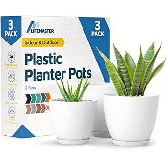 Plant Pots with Drainage Saucers Stackable Indoor Outdoor Planters Durable Weatherproof Pack of 3