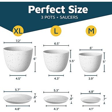 Plant Pots with Drainage & Saucers Stackable Indoor Outdoor Planters Durable Weatherproof Set of 3
