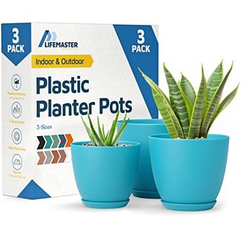 Plant Pots with Drainage & Saucers Stackable Indoor Outdoor Planters Durable Weatherproof Set of 3