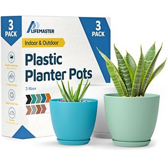 Plant Pots with Drainage & Saucers Stackable Indoor Outdoor Planters Durable Weatherproof Set of 3