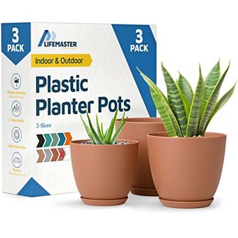 Plant Pots with Drainage & Saucers Stackable Indoor Outdoor Planters Durable Weatherproof Set of 3