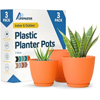 Plant Pots with Drainage & Saucers Stackable Indoor Outdoor Planters Durable Weatherproof Set of 3