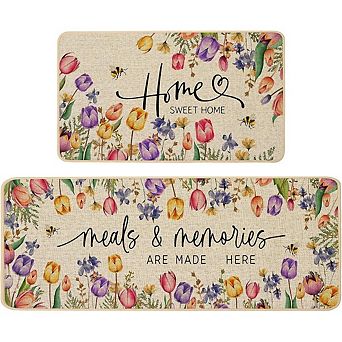 Tulip Floral Kitchen Mat Set Non Slip Low Profile Floor Rugs Home Decor