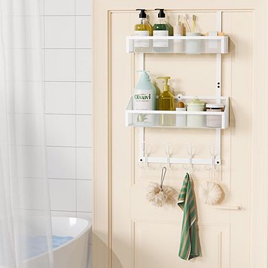 Over The Door Hooks and Baskets Organizer with 12 Hooks and 2 Mesh Storage Rack