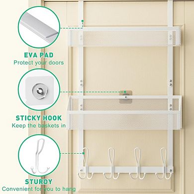 Over The Door Hooks and Baskets Organizer with 12 Hooks and 2 Mesh Storage Rack