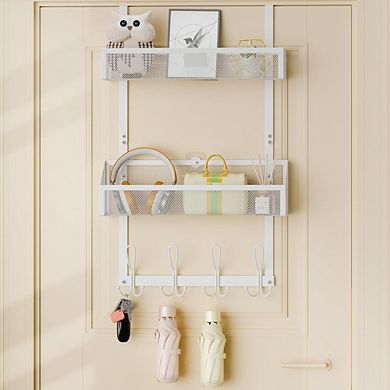 Over The Door Hooks and Baskets Organizer with 12 Hooks and 2 Mesh Storage Rack
