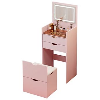 Vanity Desk Set with Lighted Mirror and Hidden Storage Stool