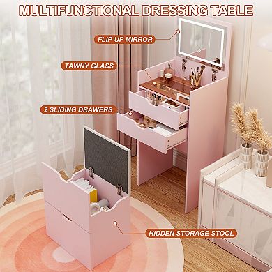 Vanity Desk Set with Lighted Mirror and Hidden Storage Stool