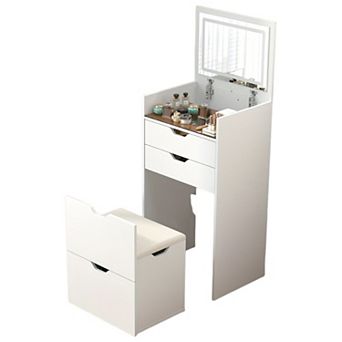 Vanity Desk Set with Lighted Mirror and Hidden Storage Stool
