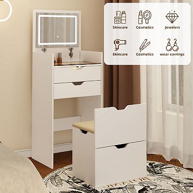 Vanity Desk Set with Lighted Mirror and Hidden Storage Stool