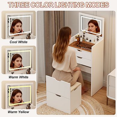 Vanity Desk Set with Lighted Mirror and Hidden Storage Stool