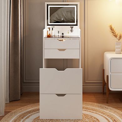 Vanity Desk Set with Lighted Mirror and Hidden Storage Stool