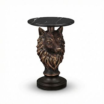 Accent Table with Wolf Head Animal Statue for Living Room Decor