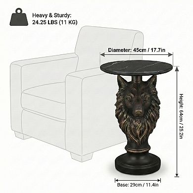 Accent Table with Wolf Head Animal Statue for Living Room Decor