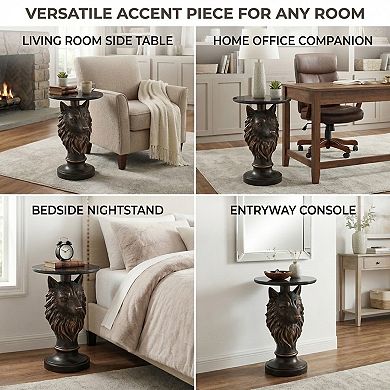 Accent Table with Wolf Head Animal Statue for Living Room Decor