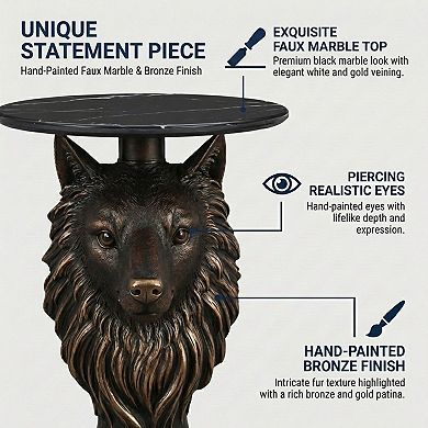 Accent Table with Wolf Head Animal Statue for Living Room Decor