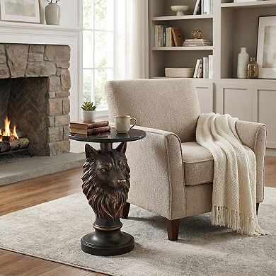 Accent Table with Wolf Head Animal Statue for Living Room Decor