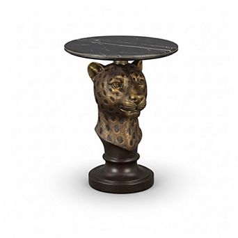 Accent Table with Leopard Head Animal Statue for Living Room Decor