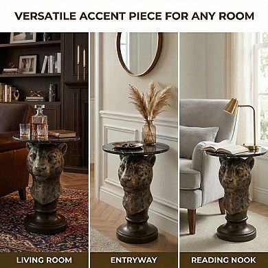 Accent Table with Leopard Head Animal Statue for Living Room Decor