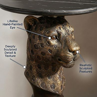 Accent Table with Leopard Head Animal Statue for Living Room Decor