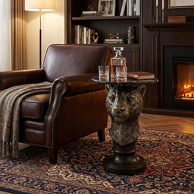 Accent Table with Leopard Head Animal Statue for Living Room Decor