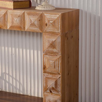 Console Table with Geometric Relief Solid Wood Carved Details for Entryway
