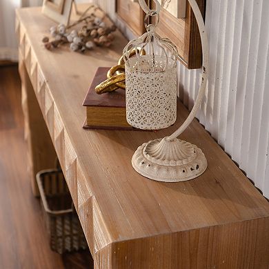 Console Table with Geometric Relief Solid Wood Carved Details for Entryway
