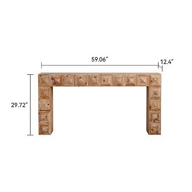 Console Table with Geometric Relief Solid Wood Carved Details for Entryway