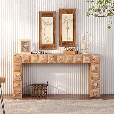 Console Table with Geometric Relief Solid Wood Carved Details for Entryway