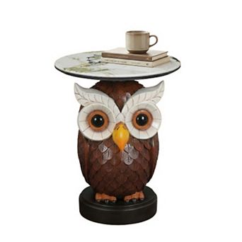 Accent Table with Owl Design Animal Statue for Living Room Decor
