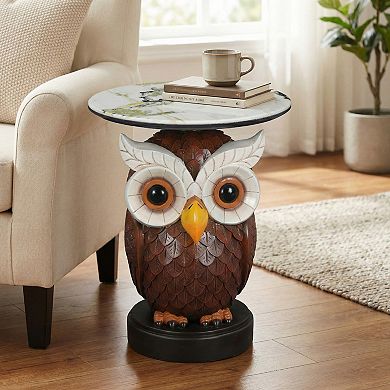 Accent Table with Owl Design Animal Statue for Living Room Decor