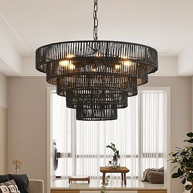 Hemp Rope Chandelier 5 Tier Tiered Design for Dining Room and Entryway
