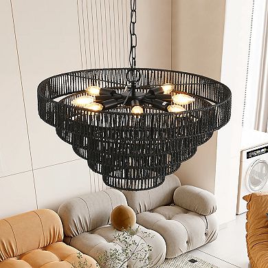 Hemp Rope Chandelier 5 Tier Tiered Design for Dining Room and Entryway