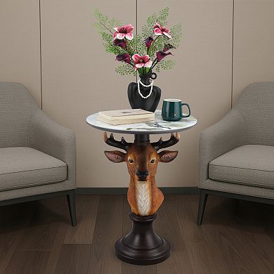 Accent Table with Deer Head Animal Statue for Living Room Decor