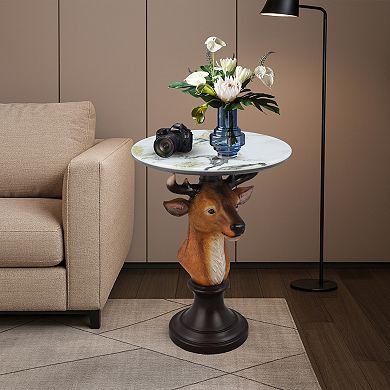 Accent Table with Deer Head Animal Statue for Living Room Decor