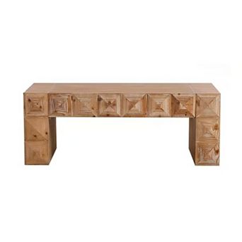 Coffee Table with Geometric Relief Solid Wood Carved Details for Living Room