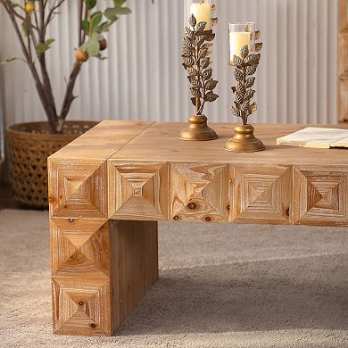 Coffee Table with Geometric Relief Solid Wood Carved Details for Living Room