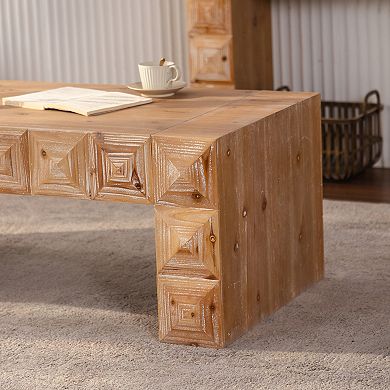 Coffee Table with Geometric Relief Solid Wood Carved Details for Living Room