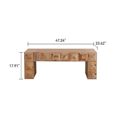 Coffee Table with Geometric Relief Solid Wood Carved Details for Living Room