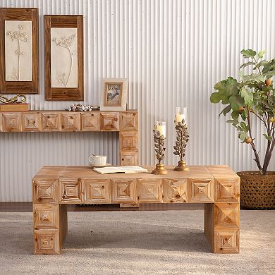 Coffee Table with Geometric Relief Solid Wood Carved Details for Living Room