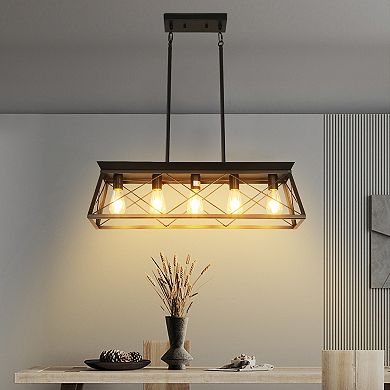 Metal Cage Pendant Light 5 Light Linear Design for Kitchen Island Lighting