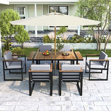 7-Piece Patio Furniture Set with Washable Cushions and Slatted Table for Backyard