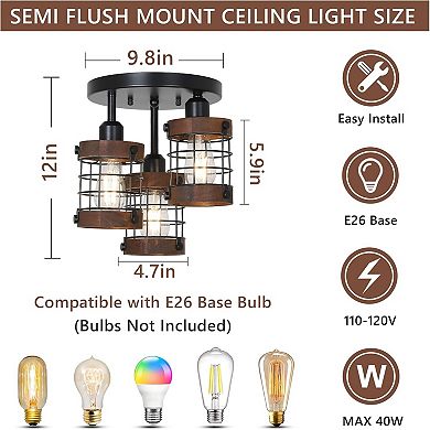 Semi Flush Mount Ceiling Light 3 Light for Hallway and Kitchen Lighting