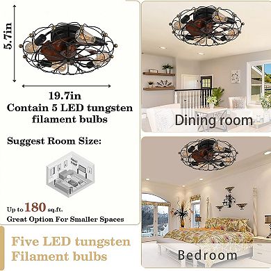 Caged Ceiling Fan with Low Profile Light for Bedroom and Small Space Use