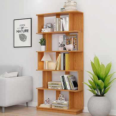 Combined Display Shelf with 5-Tier Storage and Weathered Wood Finish for Media Center