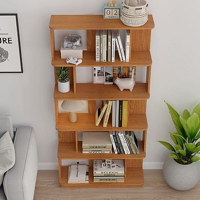 Combined Display Shelf with 5-Tier Storage and Weathered Wood Finish for Media Center