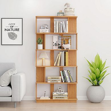 Combined Display Shelf with 5-Tier Storage and Weathered Wood Finish for Media Center