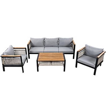 4 pc Outdoor Sectional Sofa with Coffee Table and Five Person Seating for Patio