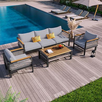 4-Piece Outdoor Sectional Sofa with Coffee Table and Five Person Seating for Patio